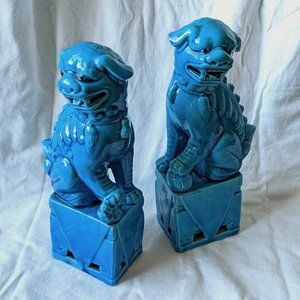 Decorative turquoise ceramic pair of Chinese foo dogs